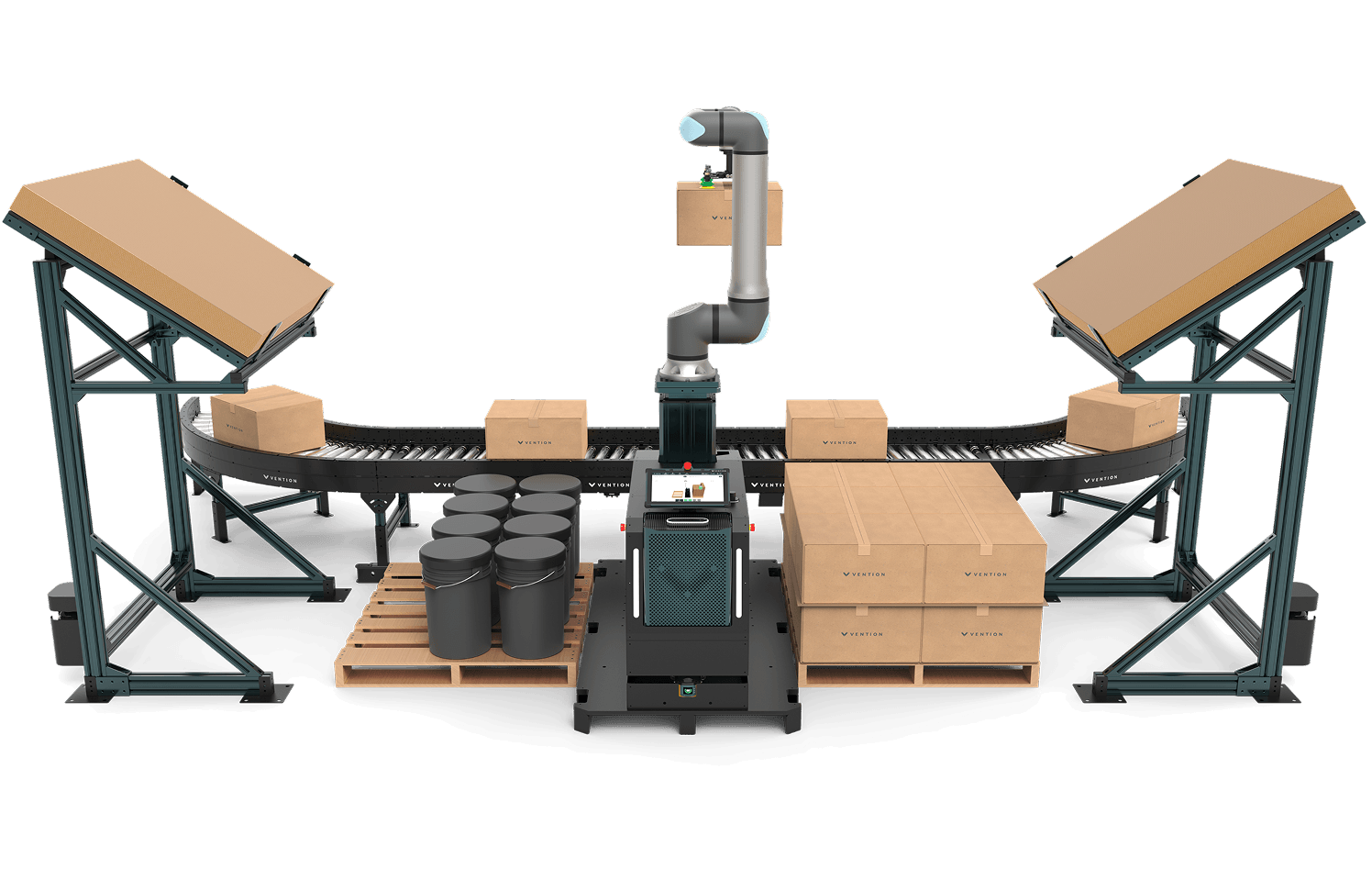 Universal Robots cobot palletizer stacking cases on a pallet