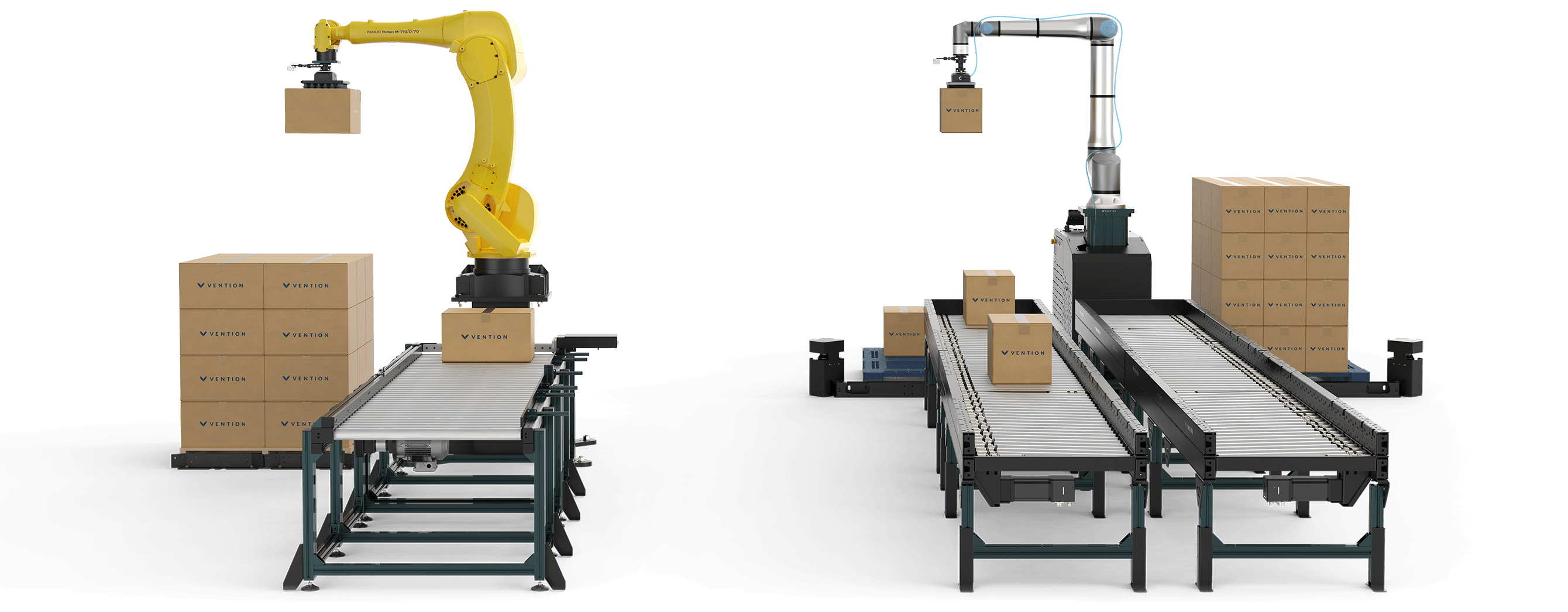 Vention Industrial Cobot Depalletizer Unloading boxes from Conveyor