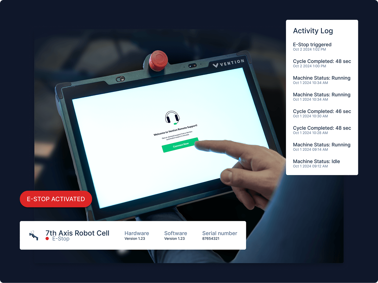 Vention remote support showing live video assistance on machine pendant