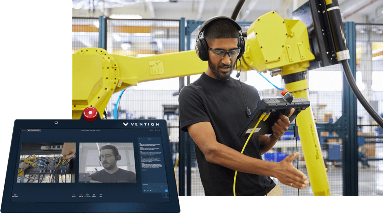 Vention remote support showing live video assistance on machine pendant